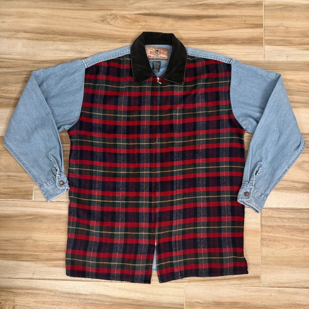 Vintage EXP Express Plaid Denim Mixed Media Zip Up Shirt Jacket Mens Small
